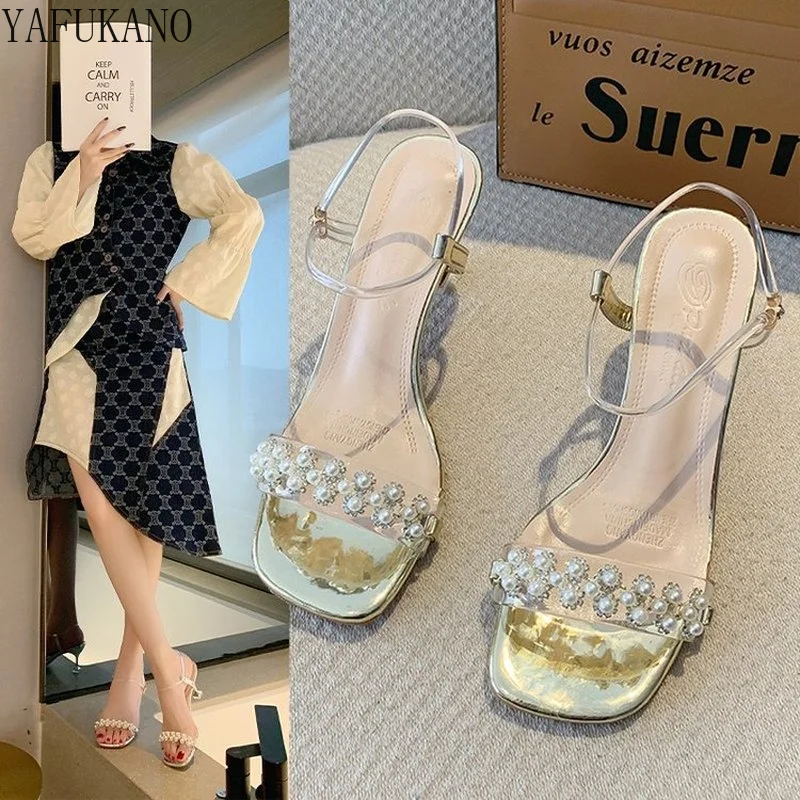 

Элегантные стразы, женские сандалии с жемчужным квадратным носком, Новинка лета, платье для вечерние, тонкий каблук, высокий каблук, Серебря...