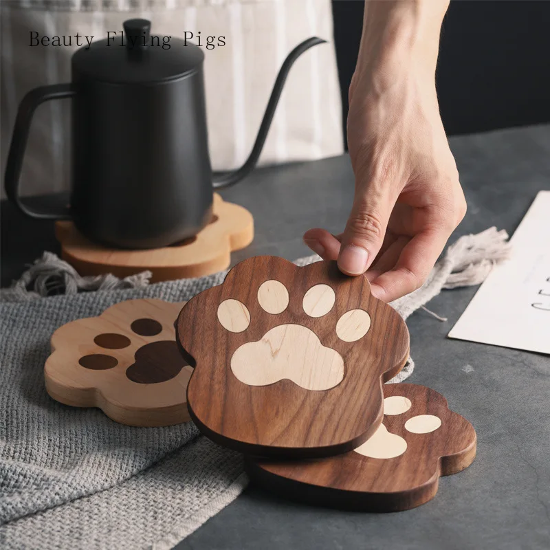 

1pc Cartoon Cat Paw Modeling Solid Wood Tea Coffee Cup Pad Placemats Decor Household Coasters Durable Heat Resistant Drink Mat