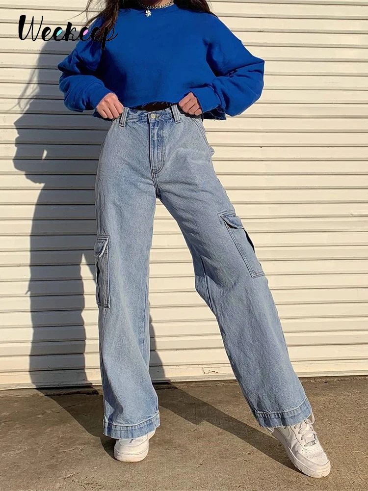 Женские джинсы с высокой талией Weekeep синие прямые брюки-карго из 100% хлопка