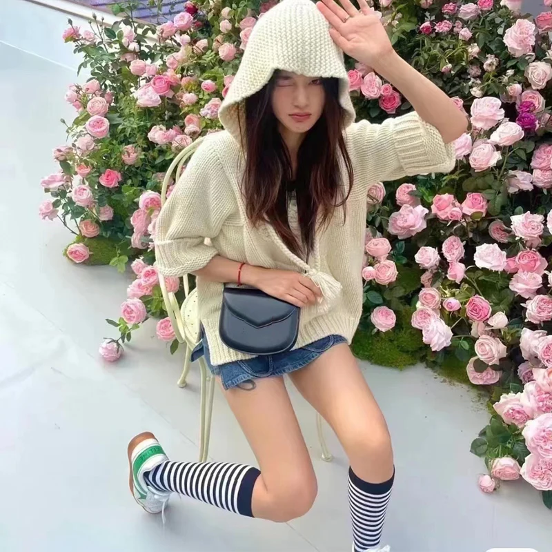 

Autumn Winter Sweater Women Fashion Long Sleeve Loose Jumper Thicken Outerwear Pullover Hoodies Striped Hairy War