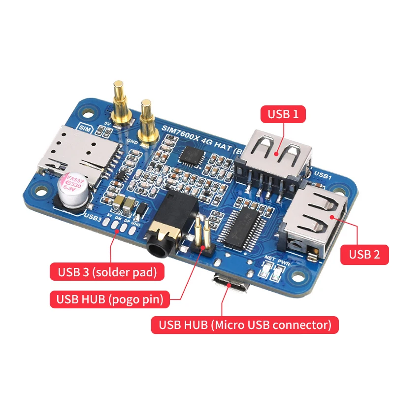 Фото SIM7600G-H 4G HAT (B) для Raspberry Pi 4 3 Zero LTE Cat-4 4G 3G 2G с поддержкой GNSS-позиционирования и глобального диапазона через Micro USB Pogo Pin №2