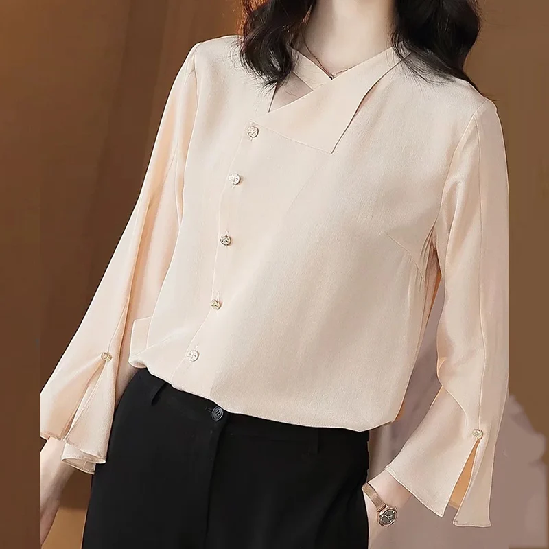 MIUXIMAO 2022 New Spring Women's Clothing Lapel Long Sleeve Soild Blouse Fashion Elegant Office Style