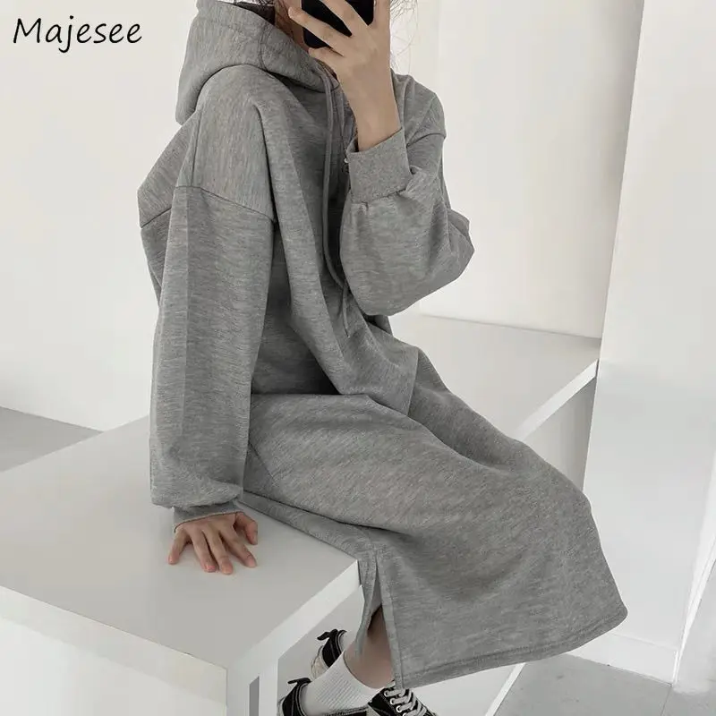 

Long Sleeve Dress Women Simple AestheticWinter Hooded Basic Korean Style Draw String Thicker Harajuku Chic Preppy Vestidos