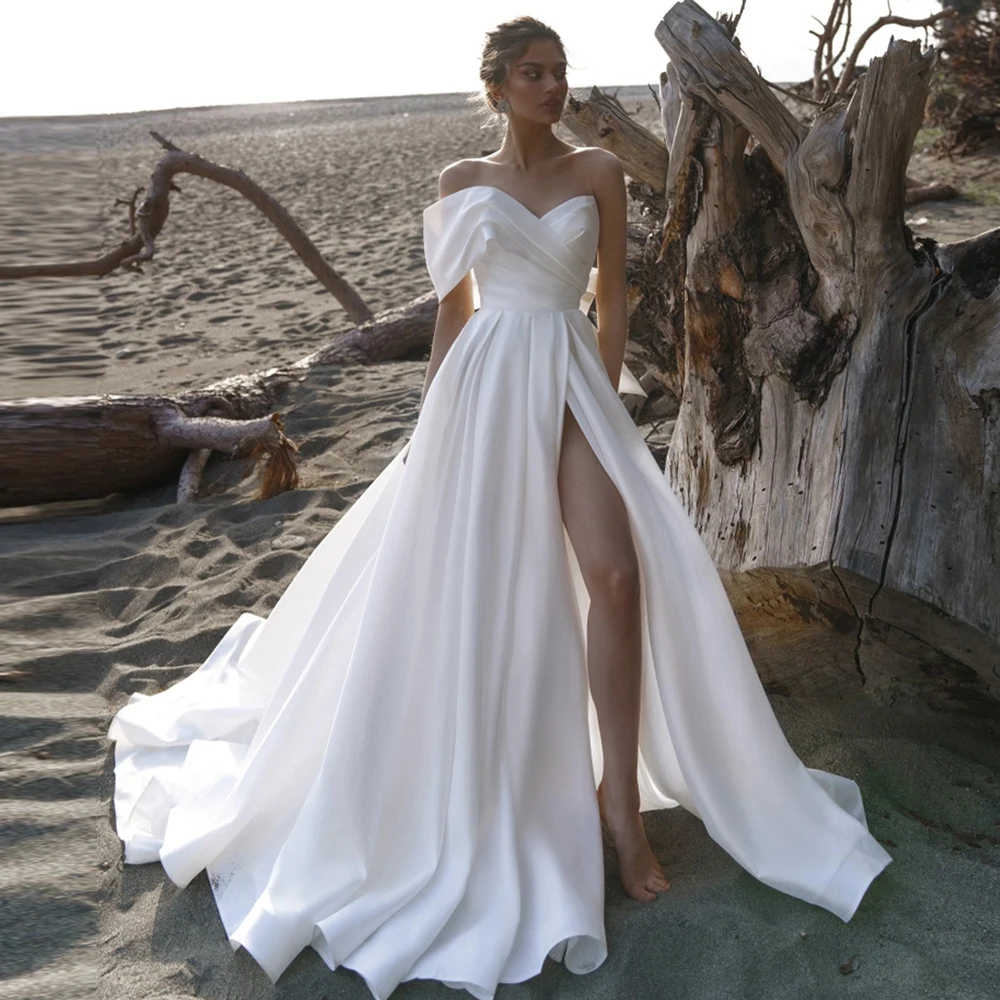 

Пляжное атласное свадебное платье-трапеция для брака 2022 Свадебные платья с высоким разрезом сбоку с открытыми плечами платья невесты с бан...