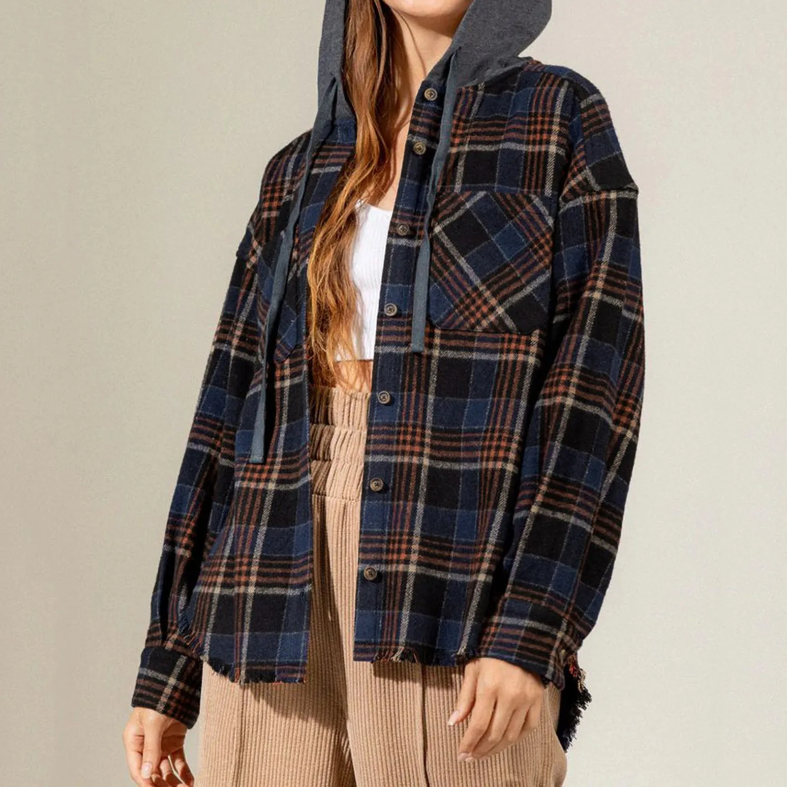 

Women Casual Plaid Print Button Long Sleeve Hooded Sweatshirt Strap Pocket Shirt Coat Casual Short Sleeve Tops Women