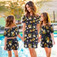 off shoulder mother daughter dresses family look sunflower mommy and me matching clothes outfits fashion woman girls dress 2022