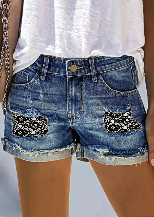 High waisted distressed jeans, female street trendsetter printed denim shorts women clothing  jean shorts