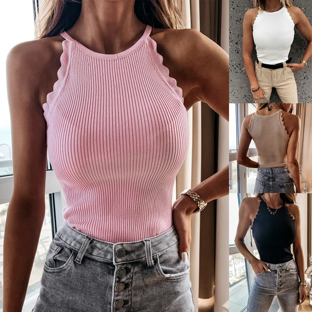 Sexy Women Summer Solid Color  Patchwork Design Lace Decor O-Neck Sleeveless Slim Chest Enlargement Top