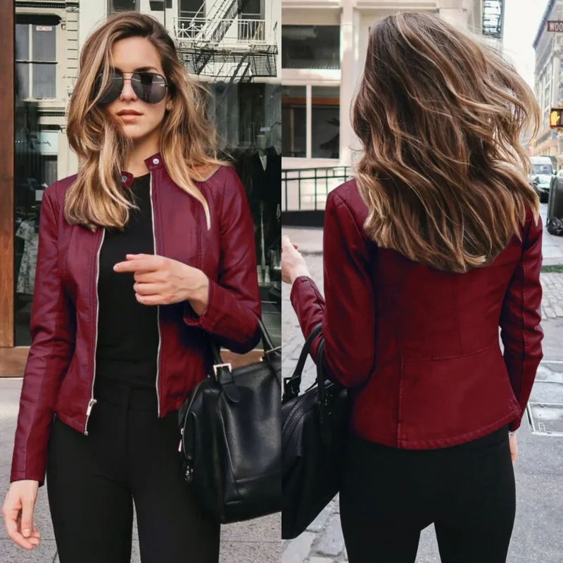 New Ladies Slim Faux Leather Jacket Stand-Up Collar Long Sleeve Overcoat Zipper Cardigan Short Coat abrigos mujer invierno 2022