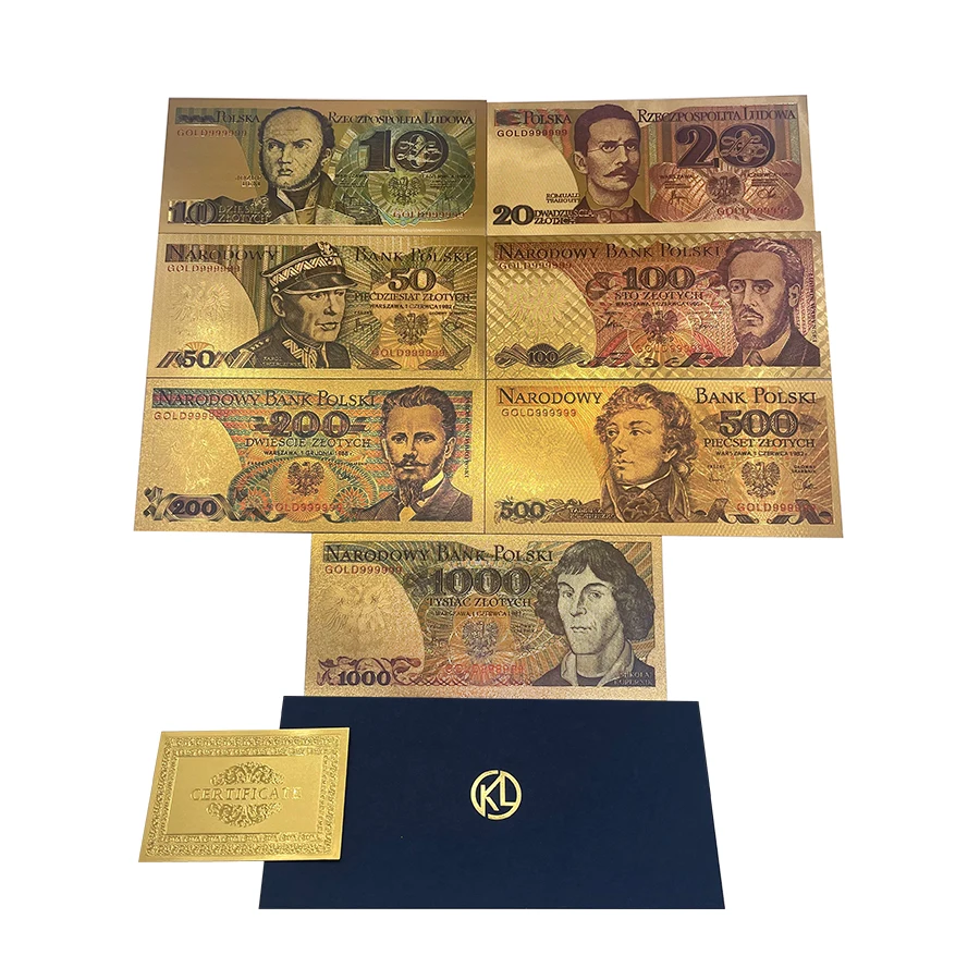 Набор польских банкнот из золотой фольги, 7 шт., 10 20 50 100 200 500 1000 злотых для партриотизма, польские поделки, коллекционный подарок