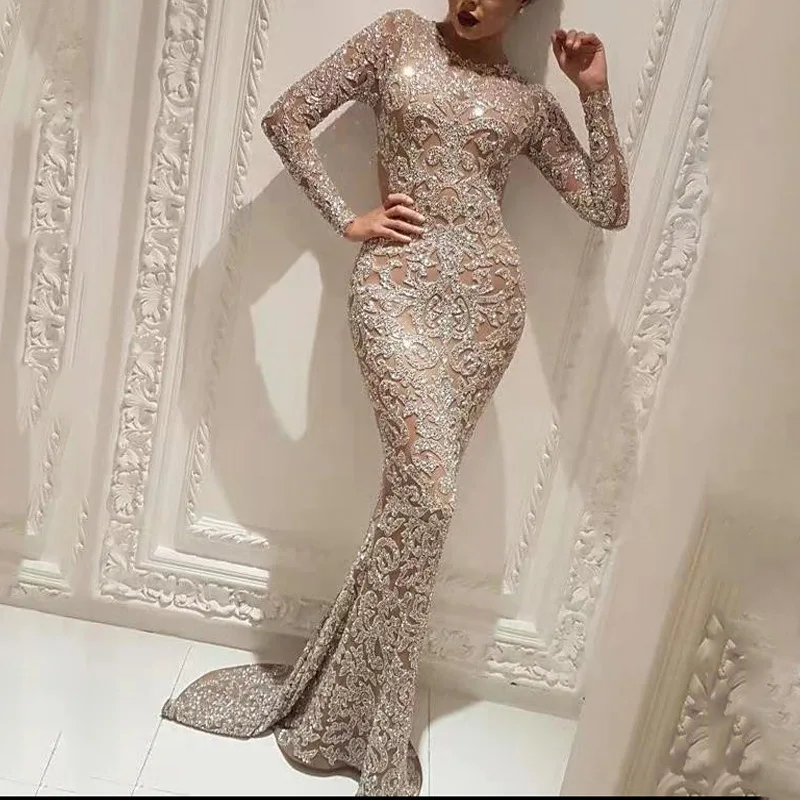 2022Women Long Sleeve Gown Mermaid Tail Sequin Evening Dress Sexy Maxi Floor Length Sheath Sparkling Elegant Lady Evening Dress
