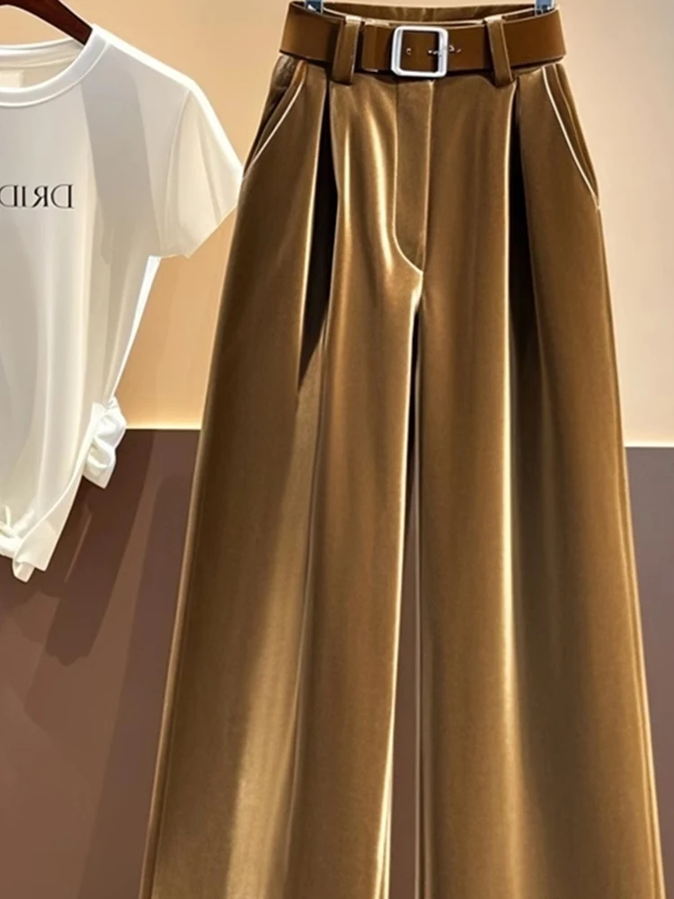 Plus Size 2024 Popular New Small Casual Loose Straight Pants High Waist Slimming Coffee Color Velvet Wide Leg Women Winter