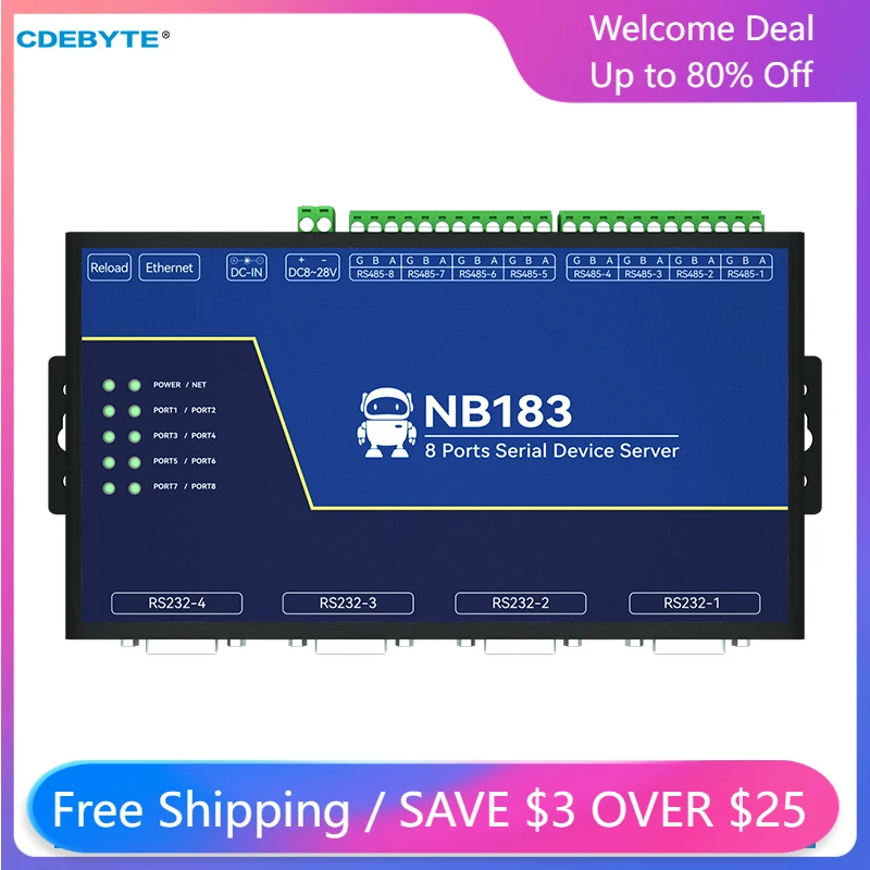 

CDEBYTE Modbus RS485/232 to RJ45 Ethernet Transparent Transmission 8 Way Serial Server NB183S TCP UDP MQTT HTTP Watchdog