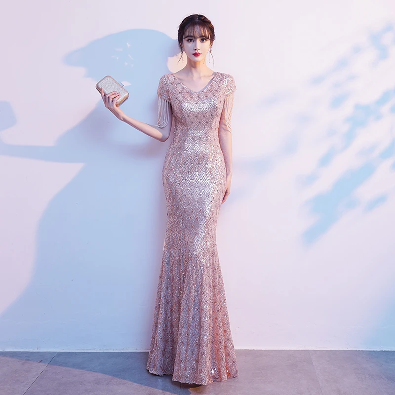 

Женское вечернее платье с юбкой-годе, розовое элегантное платье с V-образным вырезом и бусинами, длинное платье с блестками для выпускного в...