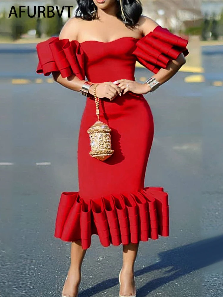 

Women's Bodycon Midi Dress Party Tube Top Off Shoulder Sheath Pleated Ladies Sexy Stylish Events Occassion Event African Female