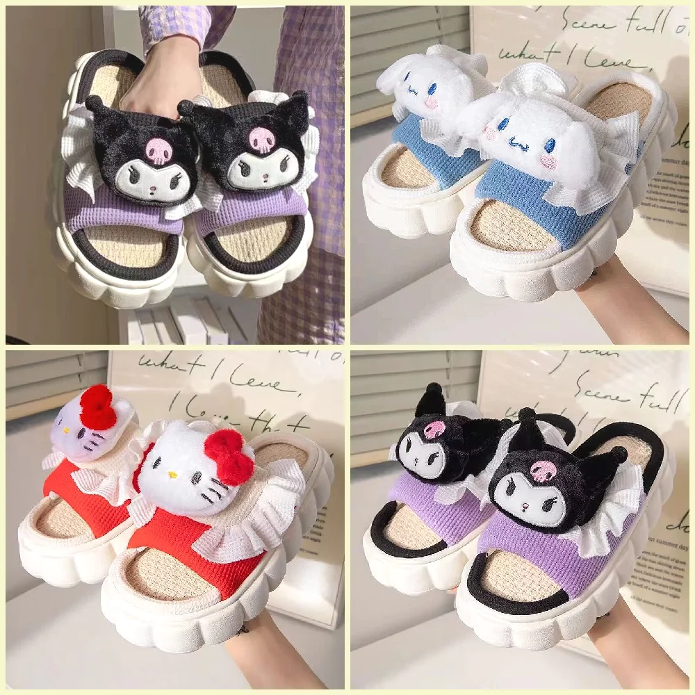 

Anime Sanrio Hello Kitty Slippers Kuromi Cinnamoroll Thick Platform Home Woman Slipper Sandals Kawaii Summer Non-Slip Flip Flops