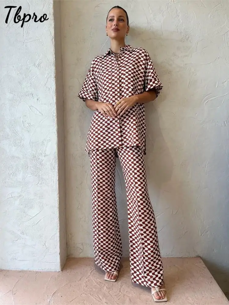 

Autumn Wave Print Short Sleeve Shirt & Pants Set Vintage Single Breasted Blouse And Wide Leg Trouser 2 Piece Suits Commuter Wear