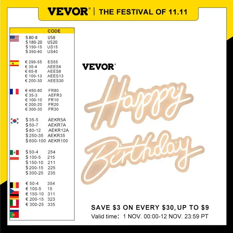 

VEVOR неоновая вывессветильник с днем рождения», прозрачный акриловый настенный Декор, Свадебная вечеринка, вывеска с подсветкой, светодиодн...