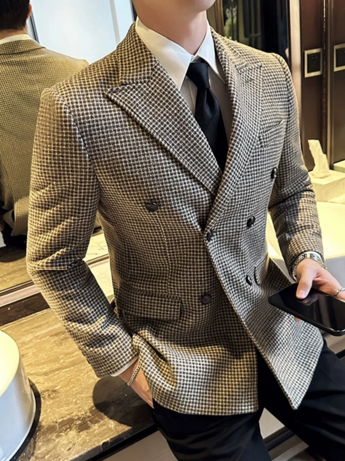 Двубортный повседневный костюм с узором гусиные лапки мужская куртка