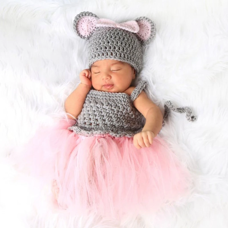 

2 Pcs/Set Newborn Photography Props Outsuits Baby Knitted Mesh Tutu Skirts Cute Ears Hat Set for Infants Photo Shooting QX2D