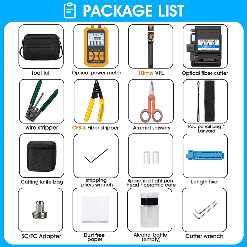 Fiber Optic Tool Kit AUA-7S Fiber Cleaver -70~+6dBm/-50~+26dBm 3 in 1 Mini Optical Power Meter with 10Mw Visual Fault Locator
