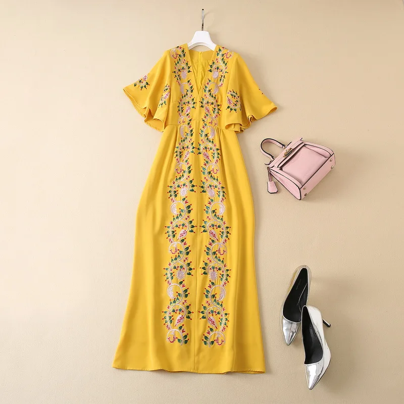 New European and American women's wear for winter 2022 Lotus leaf sleeve heavy embroidered V neck Fashionable yellow Dress