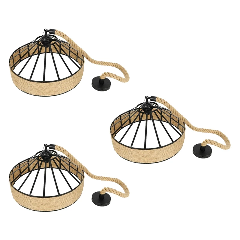 

HOT-3X E27 Hemp Rope Hanging Lamp Vintage Pendant Lamp Ceiling Light, Retro Antique Industrial Adjustable Lamp Cage (30 CM)