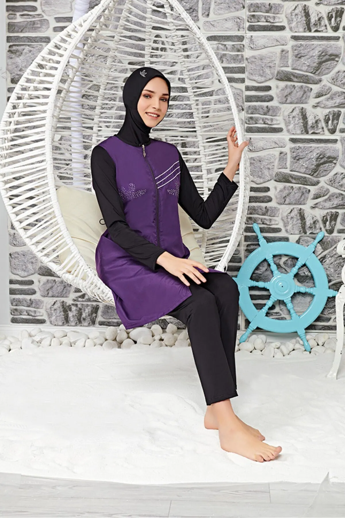 

Muslim Burkinis Purple Stone Sewn Swimwear Summer Clothing Hijab Sport Swimsuit Islamic Full Cover