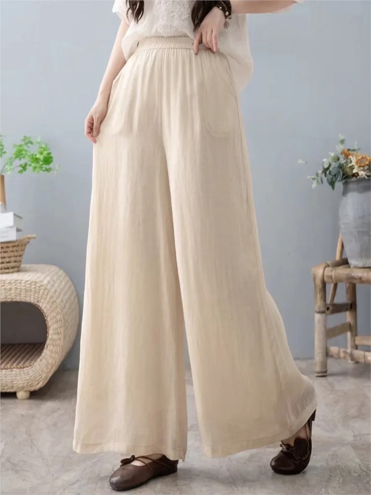 Брюки женские свободные плиссированные с эластичным завышенным поясом модные