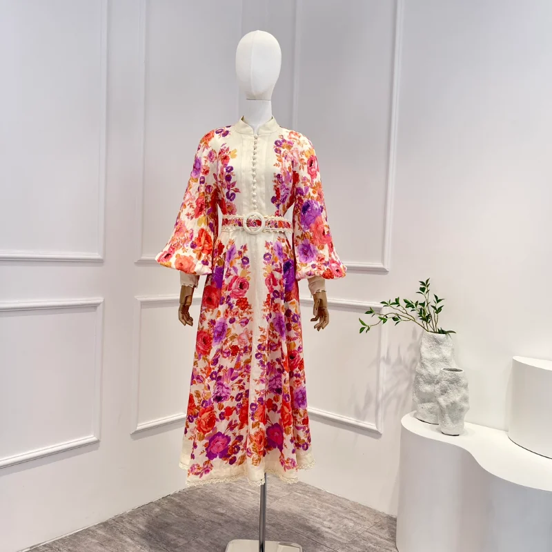

Top Quality Latest Collection Spring Autumn 2023 Pink Floral Printing Hook Flower Hollow Patchwork Midi Dress Women