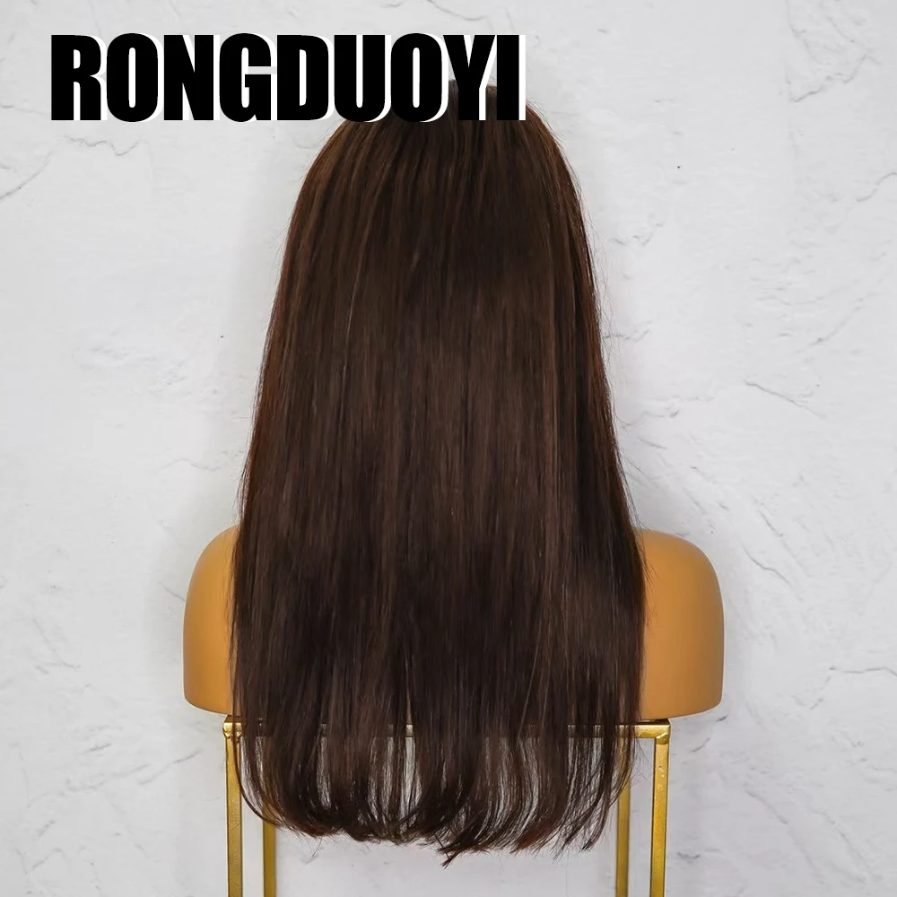 Фото RONGDUOYI Коричневый Синтетический Парик С Натуральной Волной 13×4 Кружева Средняя Часть Тепловое Волокно Парики Фронта Шнурка Ежедневный Макияж Использование Коричневые Волнистые Волосы №4