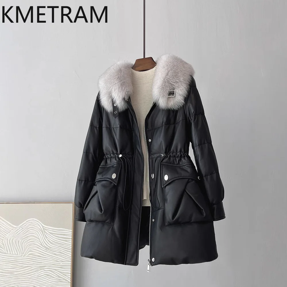 Фото Пуховики из 100% овчины, женские свободные черные куртки-пуховики из натуральной кожи с воротником из лисьего меха, зимняя одежда, женская одежда 2025 пуховик №3