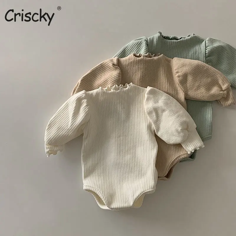 

Criscky Toddler Knitwear Bodysuit Newborn Baby Girls Soft Homewear Jumpsuit Infant Boys Thickened Warm Puff Sleeve Bodysuits