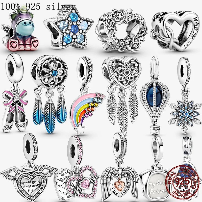 

925 Sterling Silver Angel Wings Ladybug infinity footprint Beads Rainbow heart mom Charms Fit Original charm Bracelet Jewelry