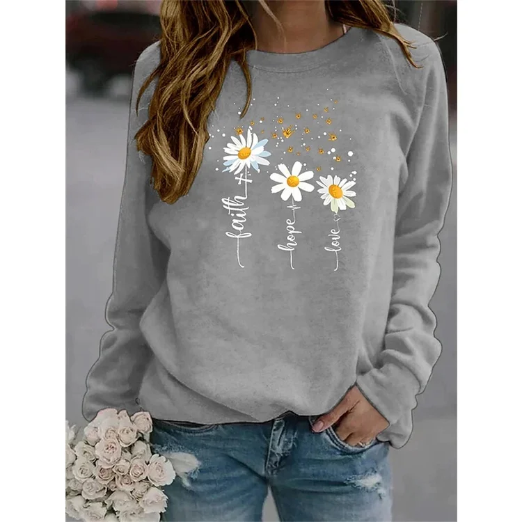 

[New In] Women's daisy Theme Abstract Painting T shirt Floral 3d Print Round Neck Basic Vintage Tops