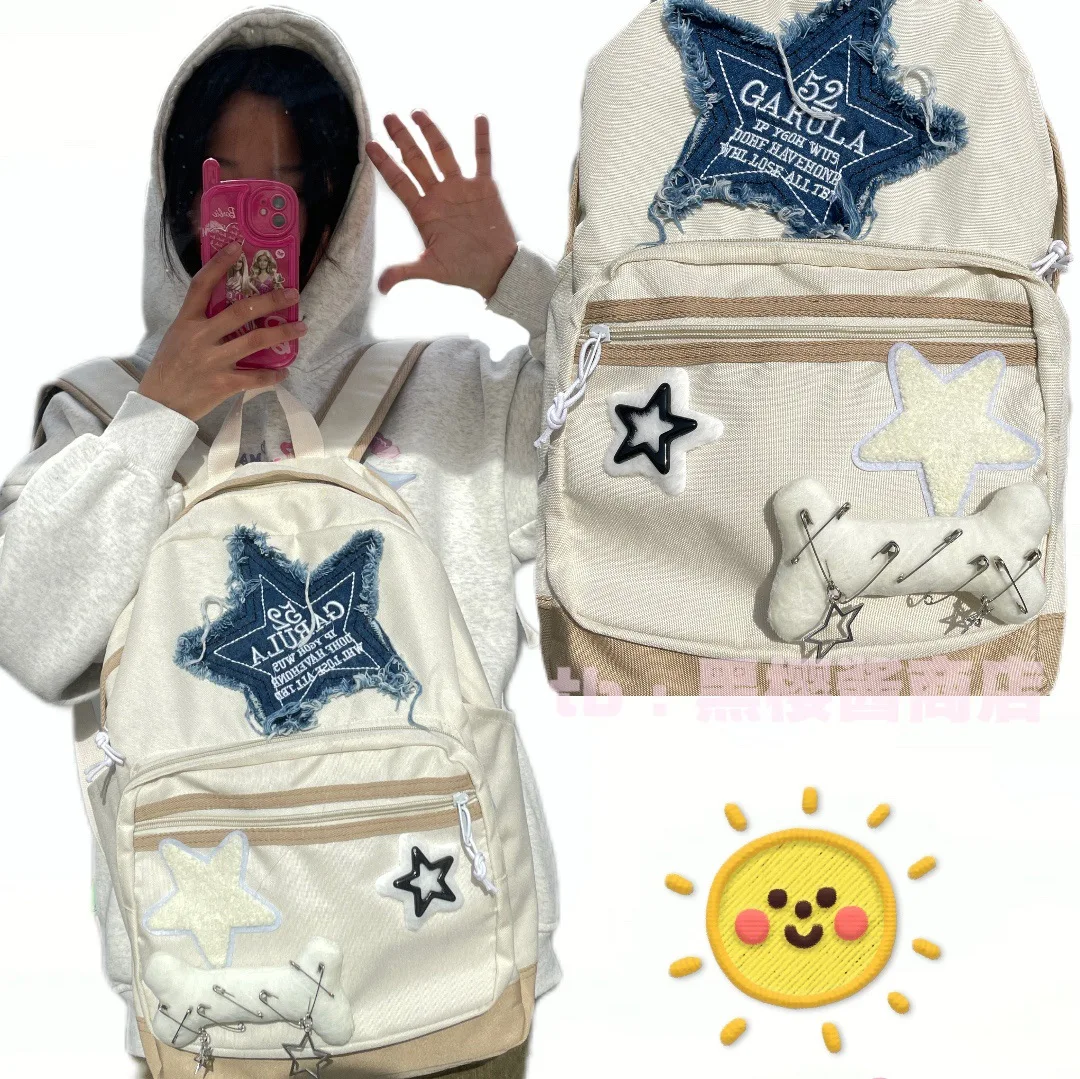 

Vintage Fashion Denim Letters Star Backpacks Korean Sweet Schoolbag For Student Y2k Aesthetic Contrast Color All Match Backpack