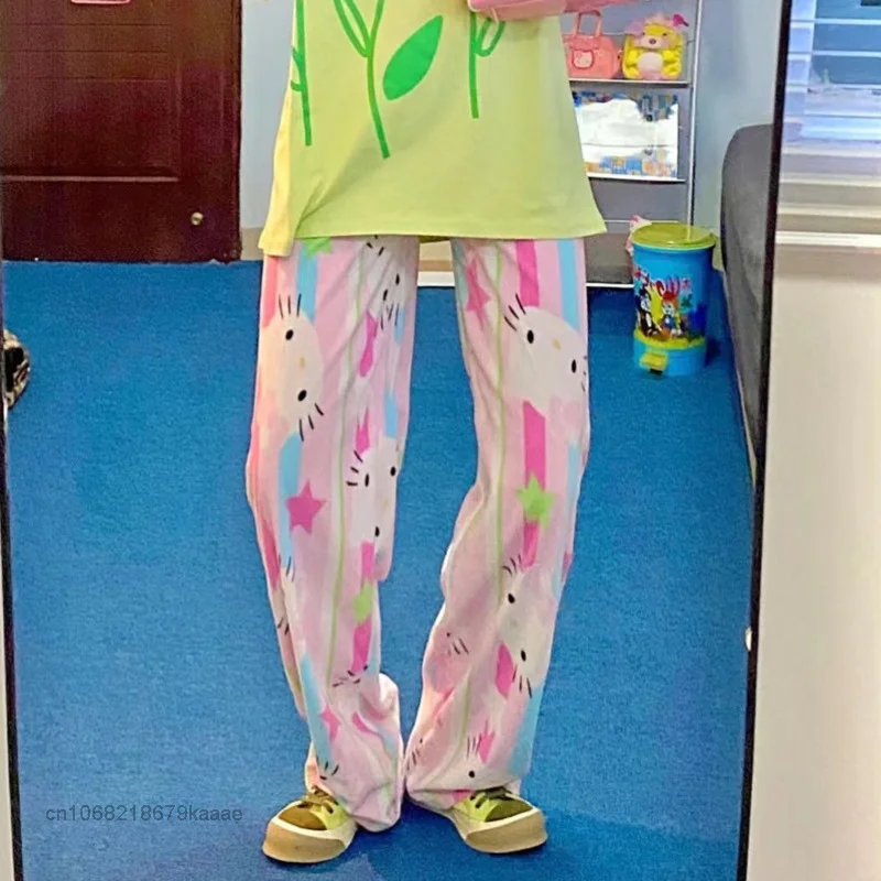 Sanrio Hello Kitty Summer Clothes Female Harajuku Kawaii Pajama Pants Women Casual Wide Leg Pants Y2k Soft Thin Fashion Trousers