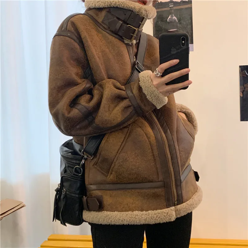 Lamb Coat Women's Autumn And Winter 22new Loose Thickened Zipper Solid Color Straight Fur One Motorcycle Clothing Leather Jacket