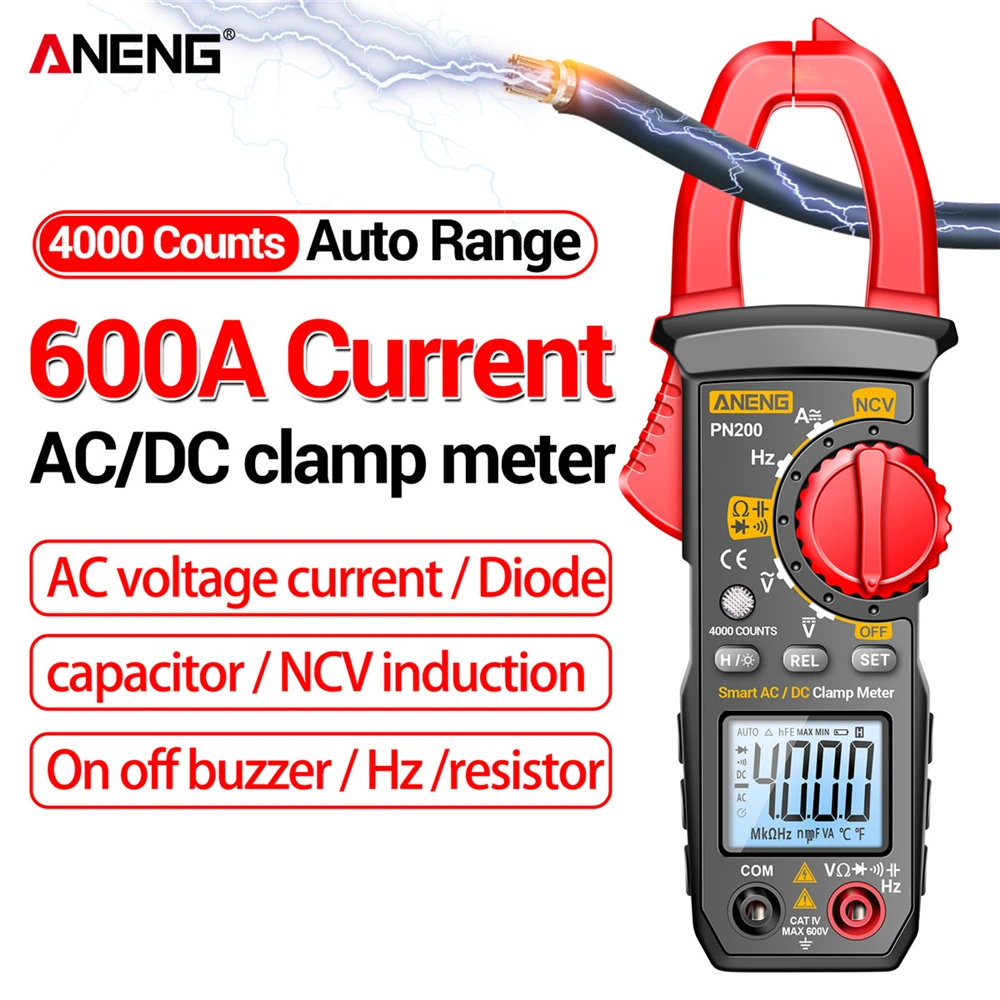 

Digital Clamp Meter DC/AC 600A Multimeter Ammeter 4000 Counts Car Hz Capacitance LCD Screen with Backlit NCV Ohm Test