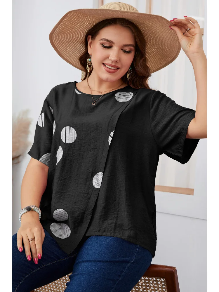 Oversized women's round neck loose polka dot short sleeved T-shirt plus size women clothing  plus size feminino