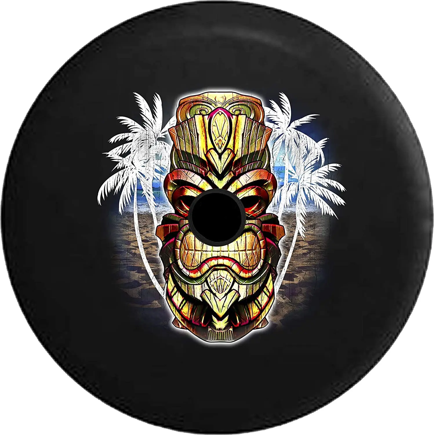 

Pike Outdoors JL Series Spare Tire Cover Backup Camera Hole Tiki Bob Islander Palm Trees Sandy Beach Black 33 in
