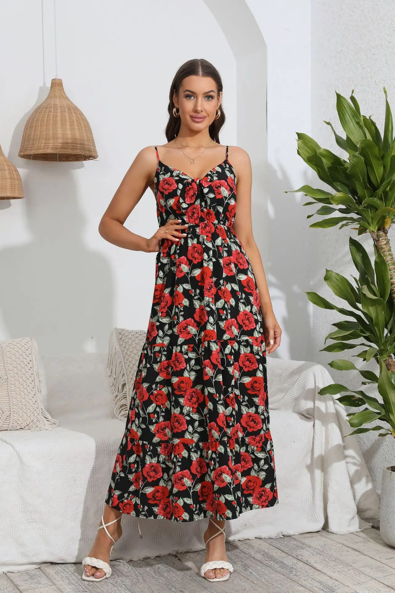 

Lace-up floral dress swing skirt