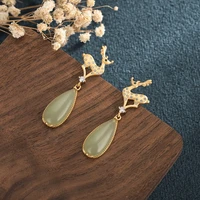 copper gold plated elk deer earrings green hetian jade earrings elegant small ladies stud earrings for women gift china jewelry