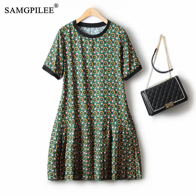 

Summer Dresses Woman 2022 New Fashion Hem Pinch Pleated Geometric Short Sleeve A-line Chiffon Elegant Casual Women's Dress 4XL