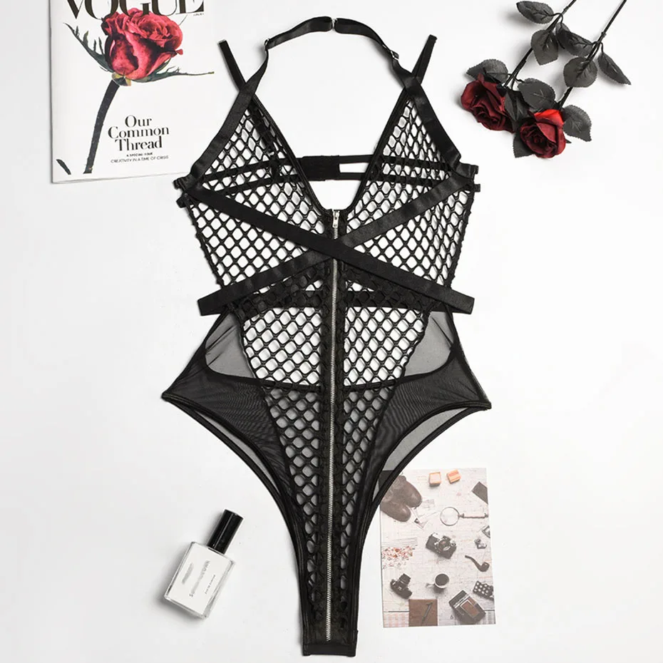 Sexy Bodysuit Lingerie Black Halter Mesh Women's Underwear Transparent Bondage Teddies Erotic Catsuit Lingerie Porno Costumes