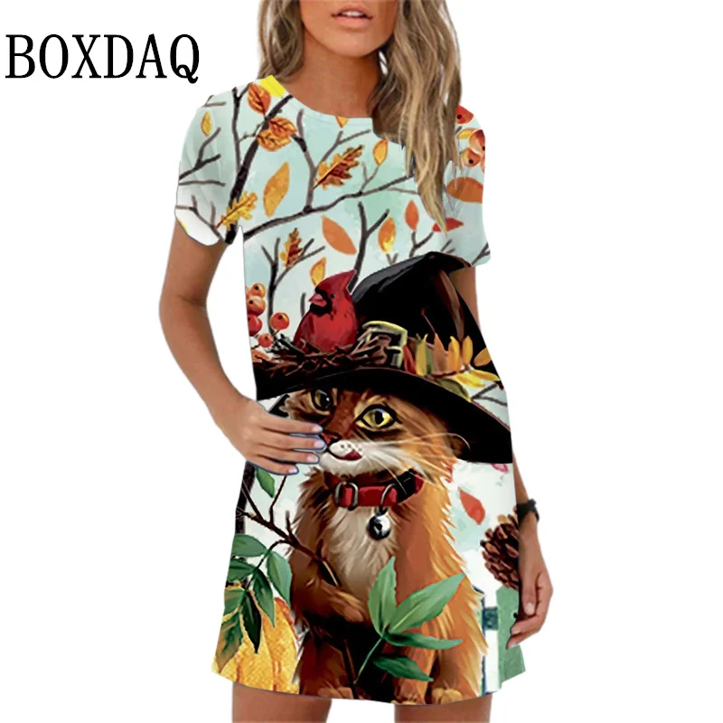 

Женское свободное мини-платье с коротким рукавом, свободное платье в классическом стиле с 3D-принтом кошки, лето 2023