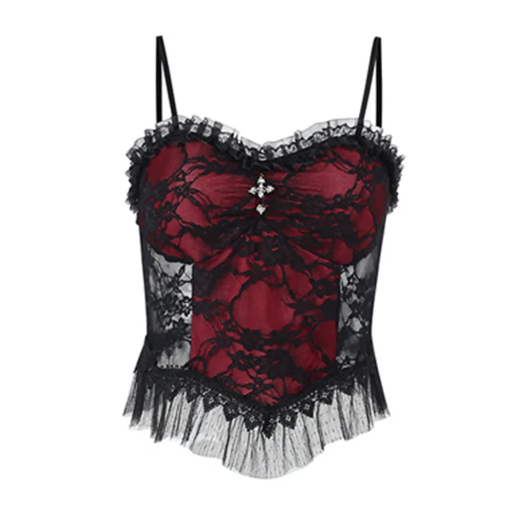 

Woman Vintage Crop Top y2k Aesthetic Summer Tulle Lace Cami Top Grunge Punk Gothic Halloween Party Sexy Festival Tops
