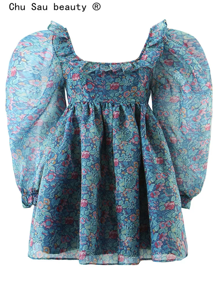 

Women Autumn Mini Dress 2022 New Vintage Chic Organza Ruffle Stitching Print Square Neck Puff Long Sleeve Short Dress Female