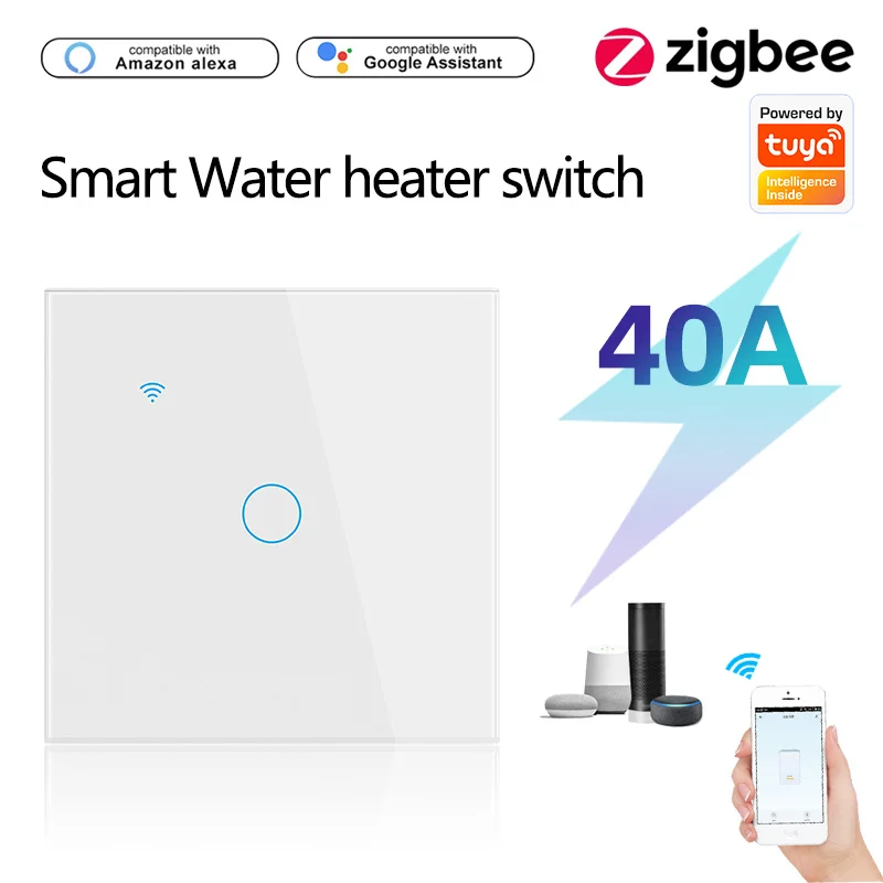 

Переключатель водонагревателя CoRui Tuya Zigbee 40 А, сенсорная панель европейского стандарта, умный настенный выключатель с голосовым управлением через Alexa Google Home