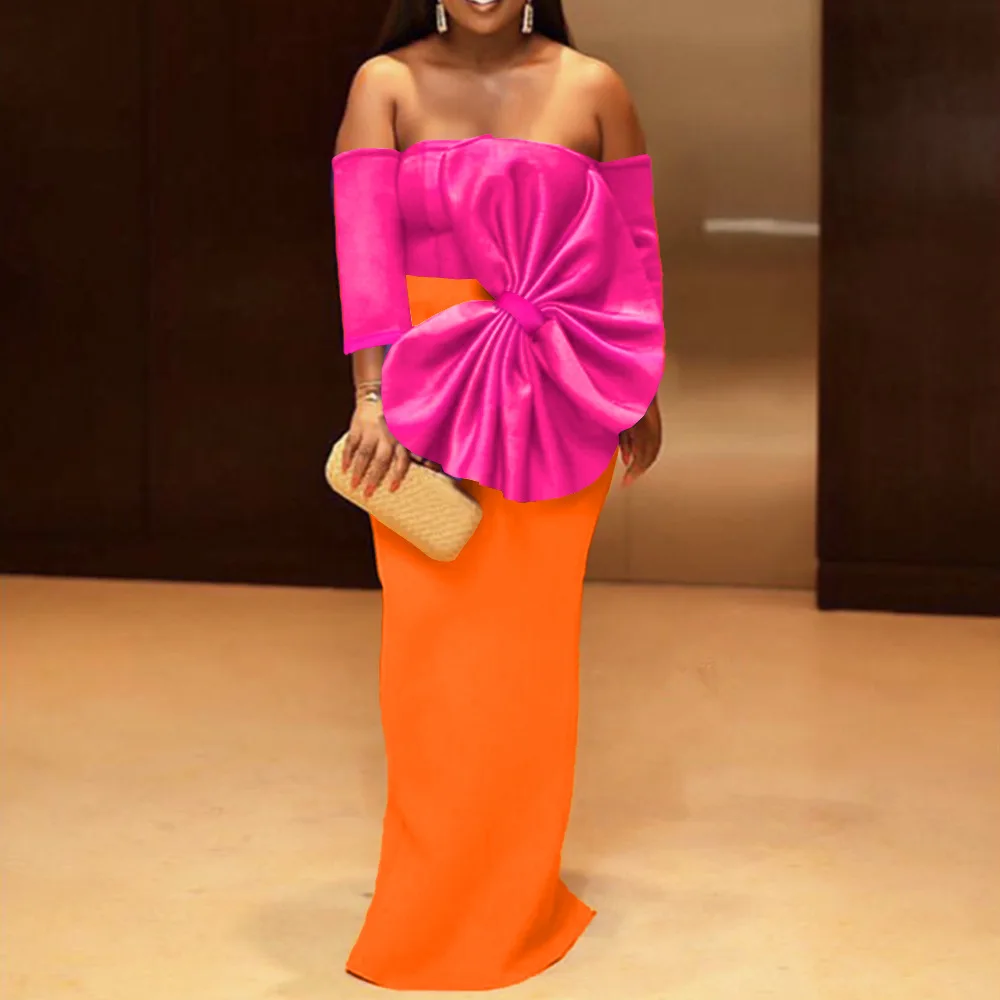 

2022 Summer Fashion Style African Women Rose Red Polyester Long Dress Dashiki African Dresses for Women S-4XL